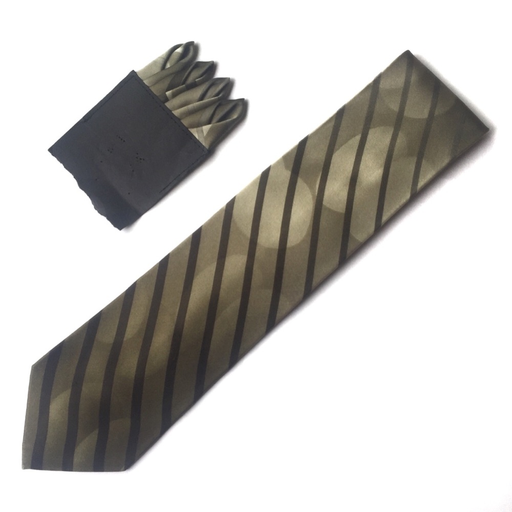 Vintage STACY ADAMS Silk Tie and Pocket Square Olive and Black Stripes